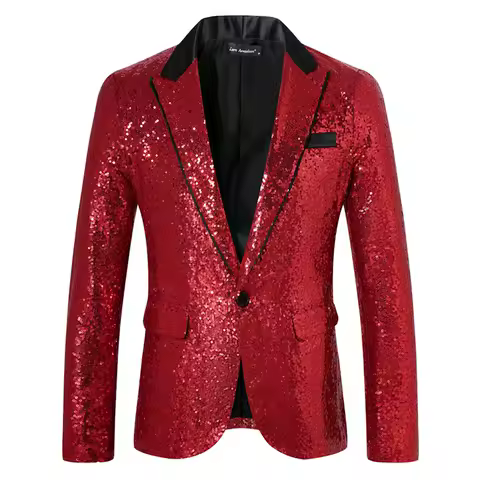 New Men Luxury Sequin Suit One Button Jacket Red / Black Fashion Singer Host Wedding Prom Party Stage Performance Dress Blazer