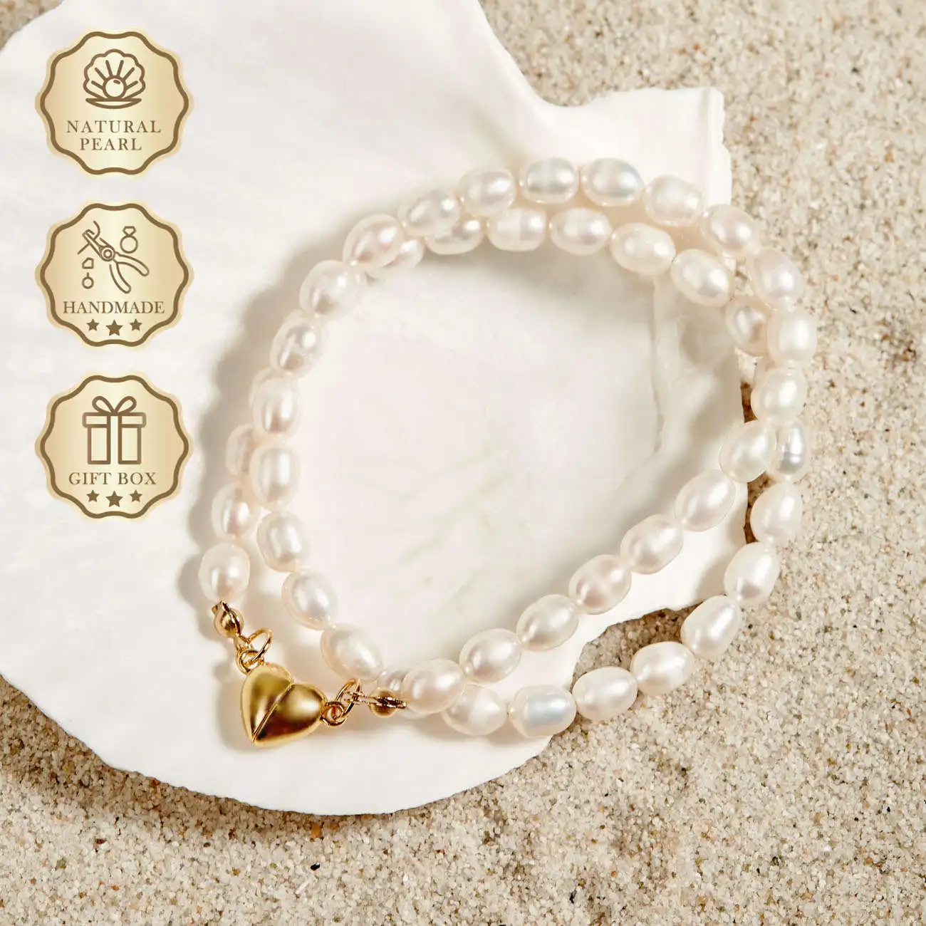 

MYSOYA White Rice Freshwater Pearl Necklace 6–7mm with Gold Heart Clasp, Gift Box, Ideal Birthday & Anniversary Gift