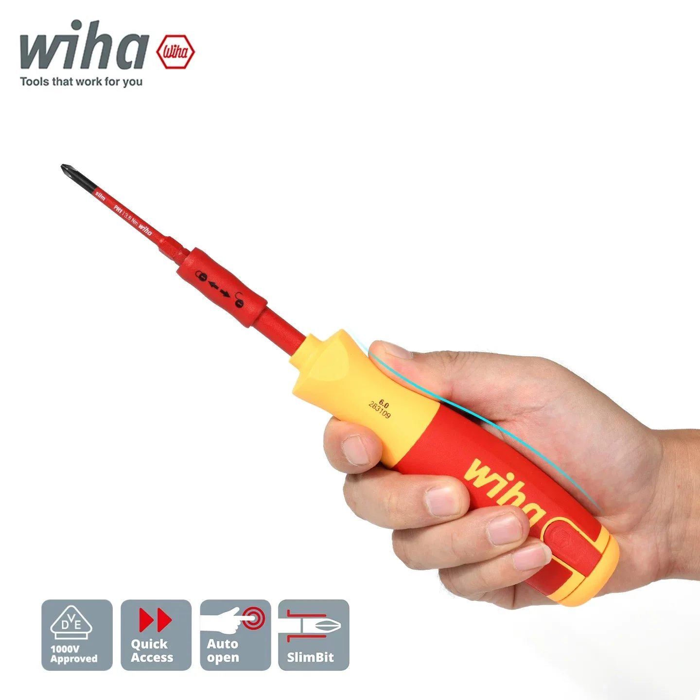 WIHA 38611 LiftUp Screwdriver, Lithium Battery, Magnetic Bits, Multi-Bit Design, Retractable Screwdriver Tool ﻿