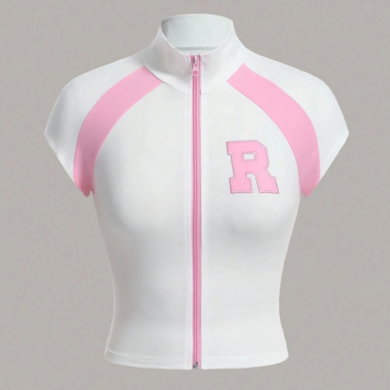 레트로 스포츠 스타일 지퍼 반팔 티셔츠 여성 여름 섹스 스파이스 섹시한 짧은 쿨 탑