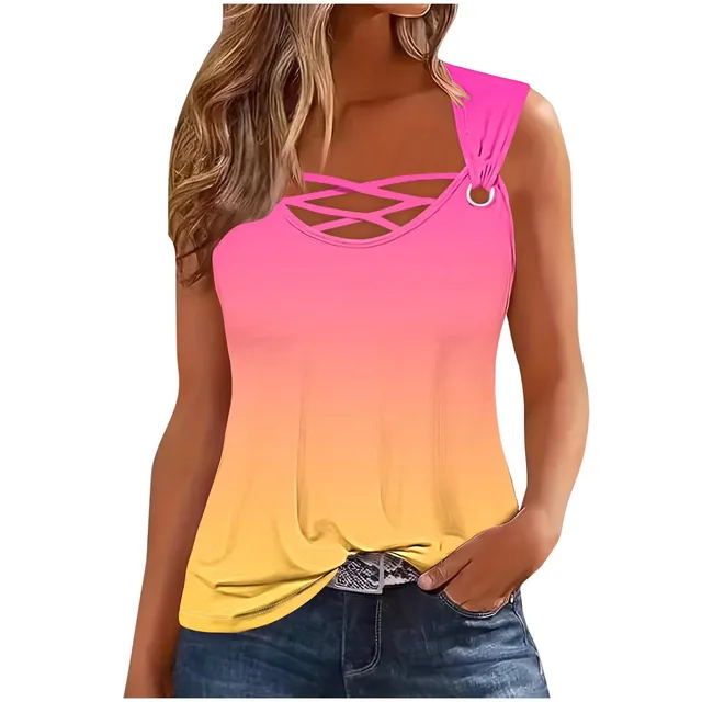 2024 Summer Sleeveless Gradient T-shirt Casual Tshirt Women Tops Fashion Print Sexy Hollow Out T Shirt For Women Tank Top Femme