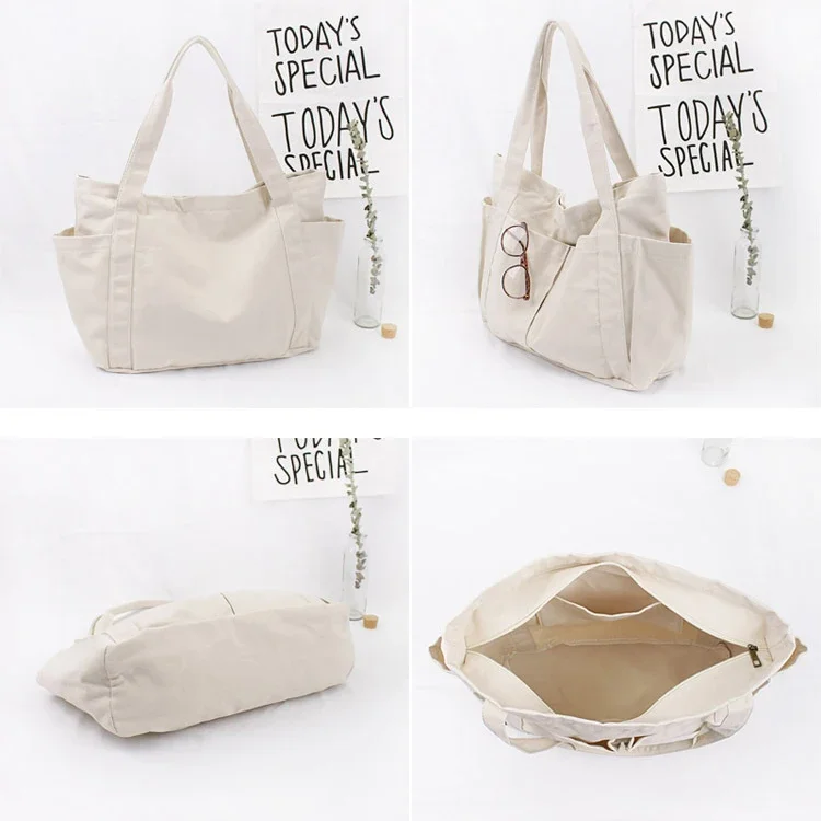 Canvas Multi-pockets Zipper Handbag for Student School Teacher Fabric Leisure Top-handle Bag for Teenager Big Jumbo Diaper Bag