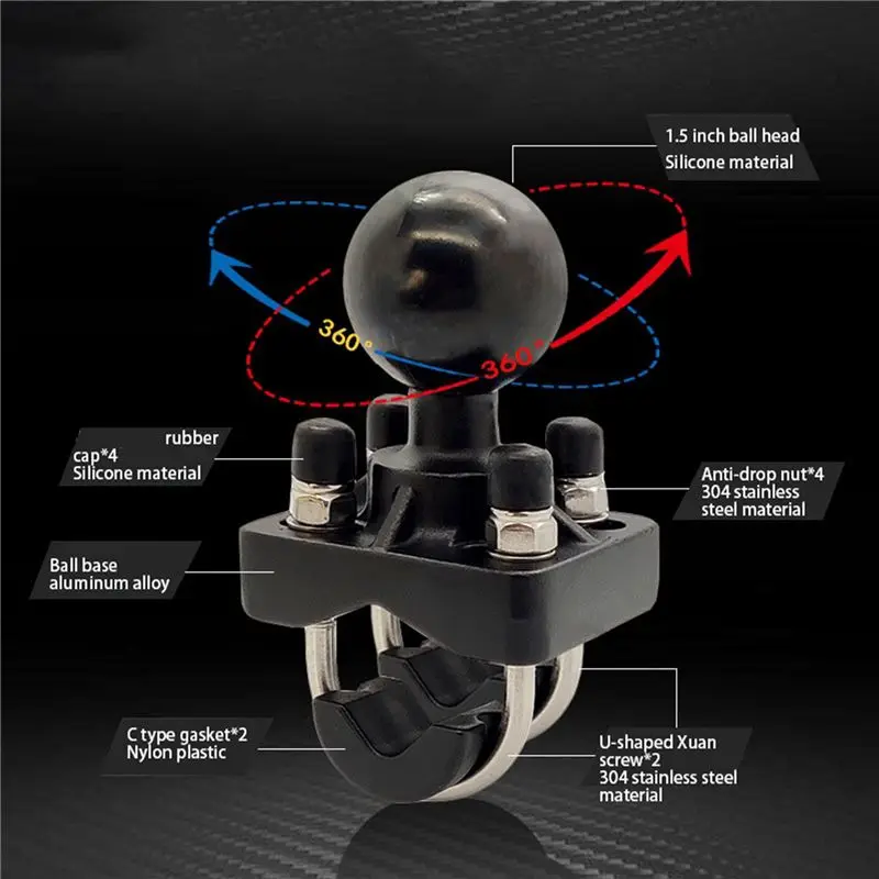 3X Double U-Bolt Motorcycle Bike Handlebar Rail Mount Base With 1.5 Inch Ball For Gopro Camera For Garmin For Sony-N30R