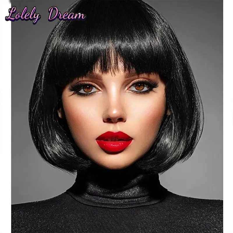 

Розовый синтетический парик, женская натуральная челка, короткие прямые волосы, повседневный парик для косплея, высокотемпературный шелк, полное покрытие головы