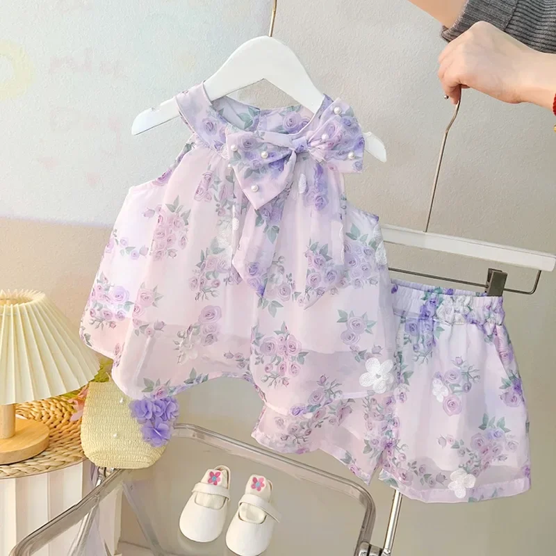 Conjuntos de ropa de verano para niños y niñas, Tops florales, pantalones cortos, traje de 2 piezas, ropa de princesa, trajes infantiles para niños pequeños de 0 a 4 años