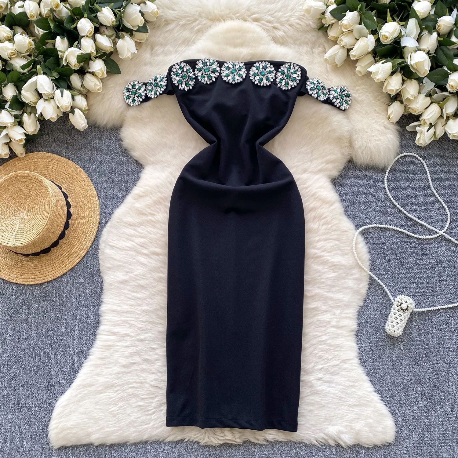 

French Senior Evening Dress Women Diamonds Off The Shoulder Chic Fashion Elegant Skinny Split Midi Sundress 2025 Summer