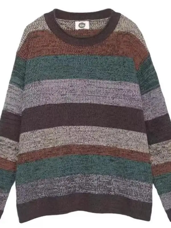 Artistique Vintage rayé tricots pull polyvalent intérieur couche de Base vêtements d'extérieur hiver Faion femmes coupe ample longue Sve