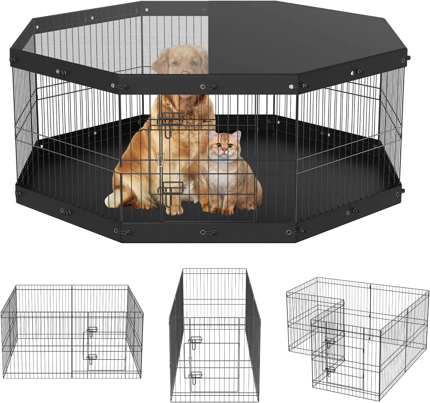 Foldable Metal Dog Exercise Pen, Pet Playpen Dog Fence for Camping with Top Cover and Bottom Pad, 24