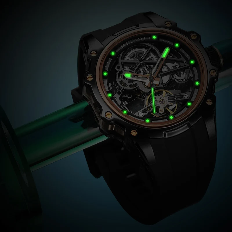 MEGIR 2243 Octagonal Skeleton Auto Watch Men Luminous Dial Stainless Steel Silicone Strap Pin Buckle Luxury Hollow Male Gift image 6