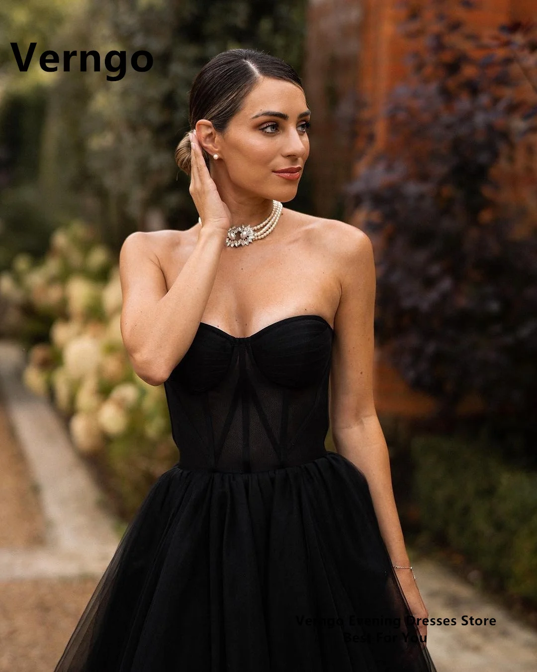 Verngo Black Sweetheart Bone Sleeveless Prom Gown Tulle A Line Evening Dress Formal Dress Princess Dress For Special Event