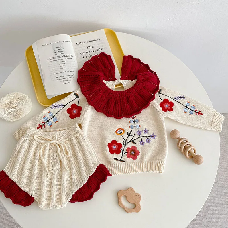 2026 Autumn Kids Flower Embroidered Knit Baby Set Ruffle Collar Blouse Tops+Shorts 2 Pcs Set for Toddler Soft Warm Girls Clothes