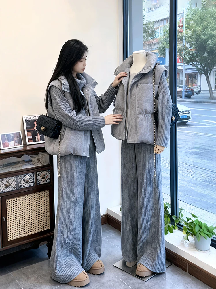 

Winter Fashion plus Size Knitted Three Piece Set with Jacket Wide Leg Pants High Collar Warm Polyester Casual Wear for Women