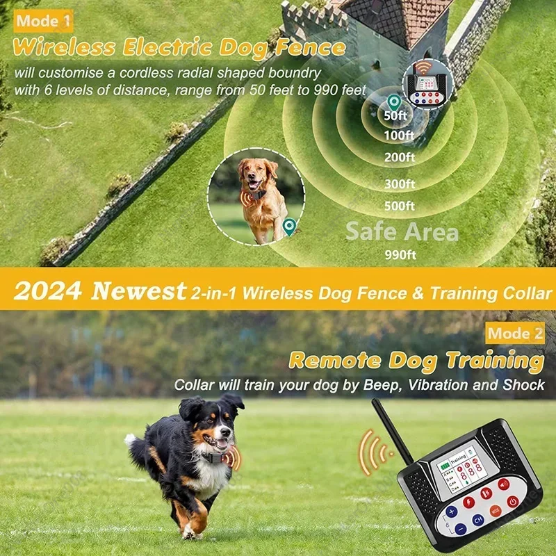 Wireless Dog Fence System 2024 Upgrades Pet 2-in-1 System Anti-running Color Screen Display 2.4G Wireless Control