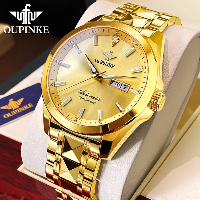 

OUPINKE 3223 Swiss Brand True Diamond Gold Men's Watch Top Luxury Tungsten Steel Stainless Steel Men Automatic Mechanical Watch