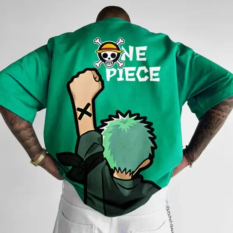 

Luffy Zoro One Piece Anime Over Size Printed Heavyweight Pure Cotton T-Shirt Handsome Cartoon Men and Women Short Sleeved Shirt