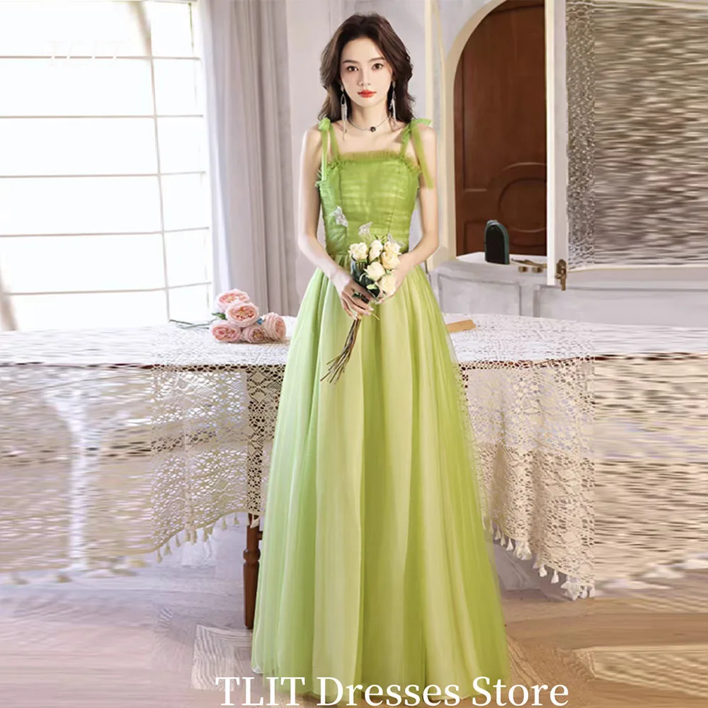 

TLIT Light Green Tulle A-Line Evening Dresses Spaghetti Strap Butterfly Appliques Prom Gown Wedding Photos Shoot Customized