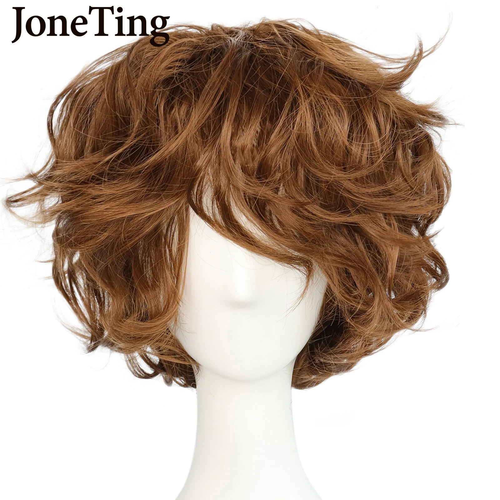 JT Synthetic Brown Men\'s Short Wavy Wigs with Bangs Orange Curly Heat Resistant Fiber Cosplay Wig Machine Made Halloween Party