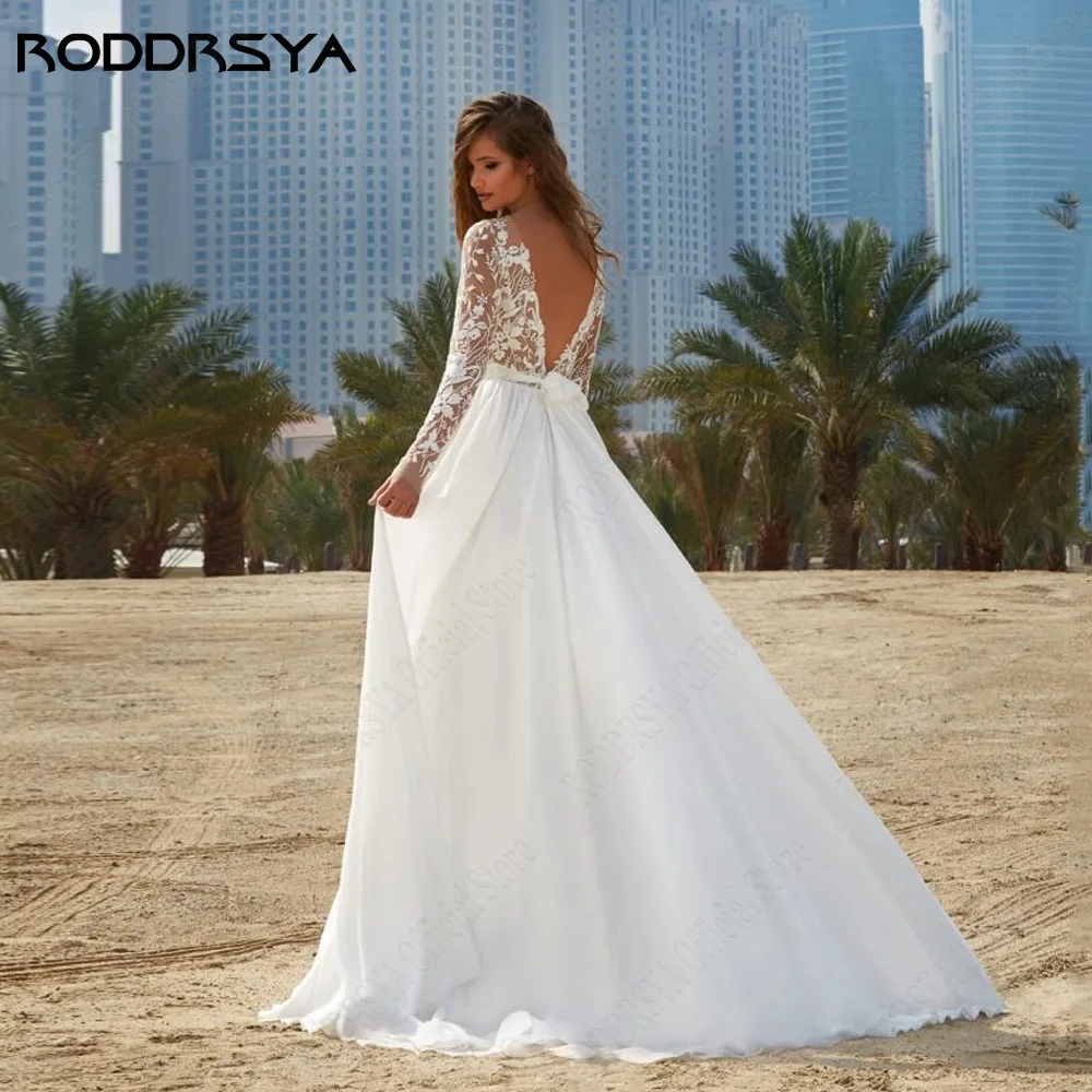 Vestido de novia de manga larga femenina de manga larga a con elegRODDRSYA-vestido De Novia elegante con espalda descubierta para mujer, vestido De Novia De corte en A, manga larga, cuello redondo, encaje, talla grande