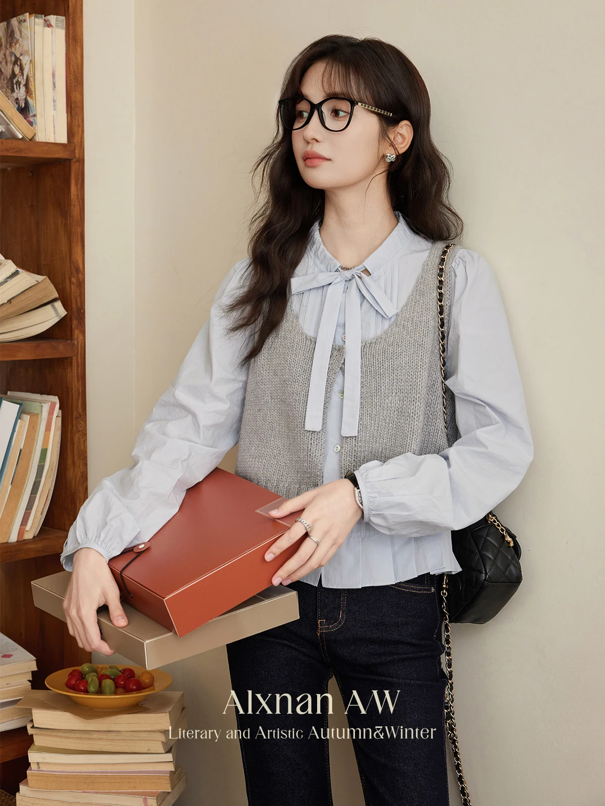 ALXNAN Camicia Blu Donna Autunno Arco Pieghettato Volant Camicia a maniche lunghe Office Lady Casual Moda Elegante Camicette femminili L50602