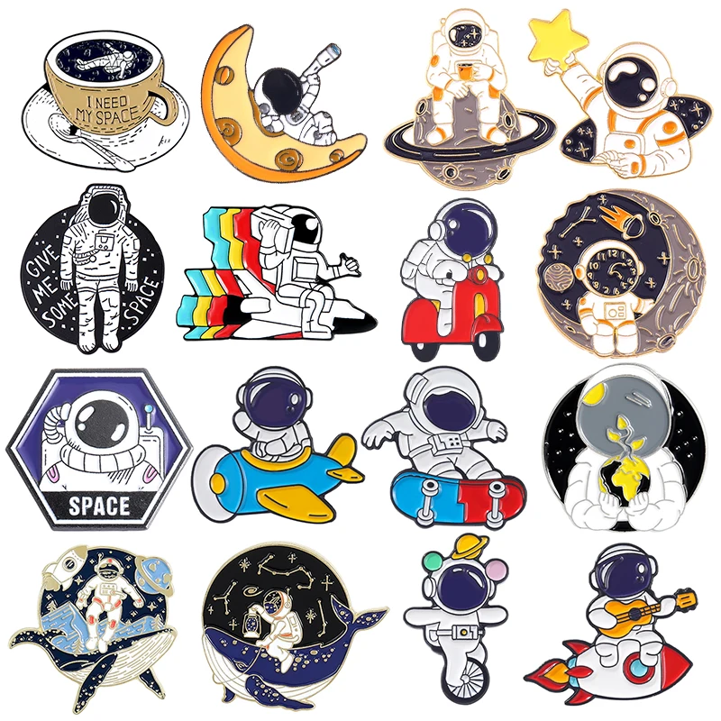 Broche d'astronaute en émail, broche de cosmonaute de l'espace, Badge de dessin animé univers planète lune fusée, bijoux cadeau pour enfants