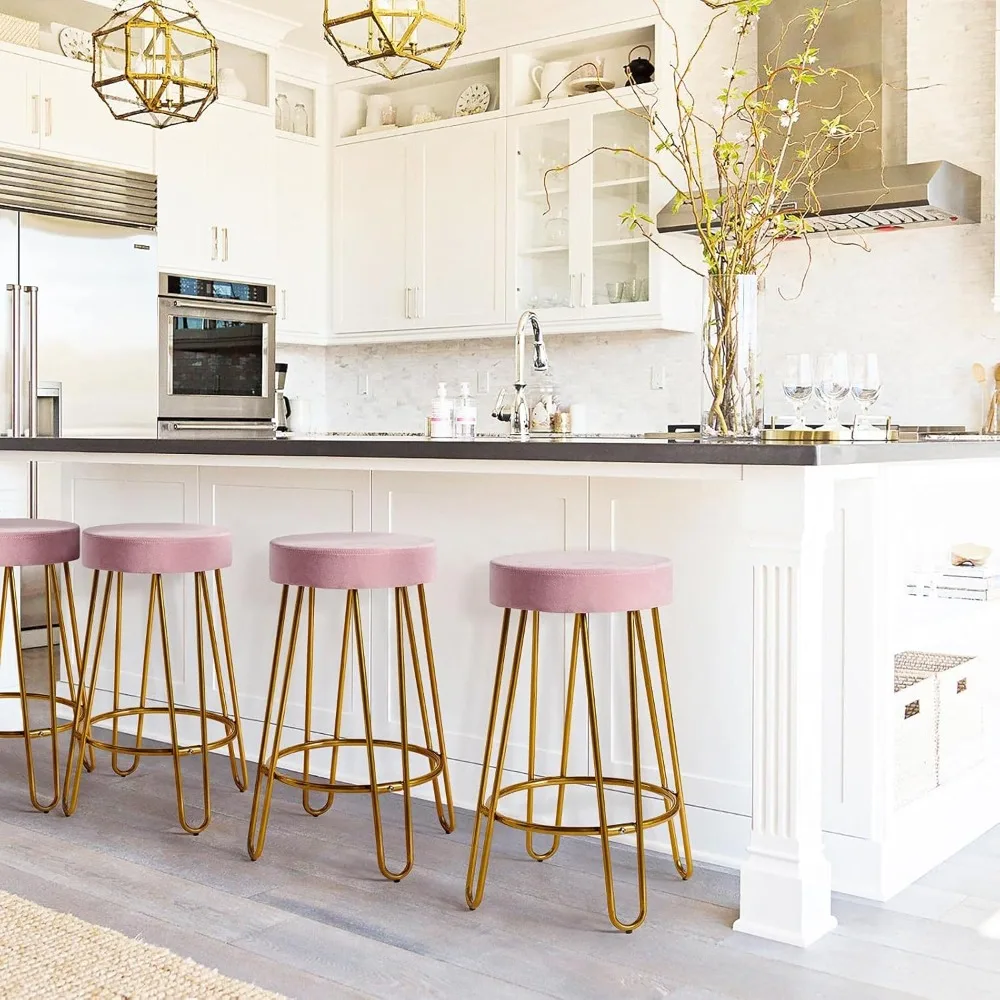 바 스툴 2개 세트, 벨벳 원형 카운터 스툴, 등받이 없는 카운터 높이 바 의자, 주방 식당용 금색 다리 포함