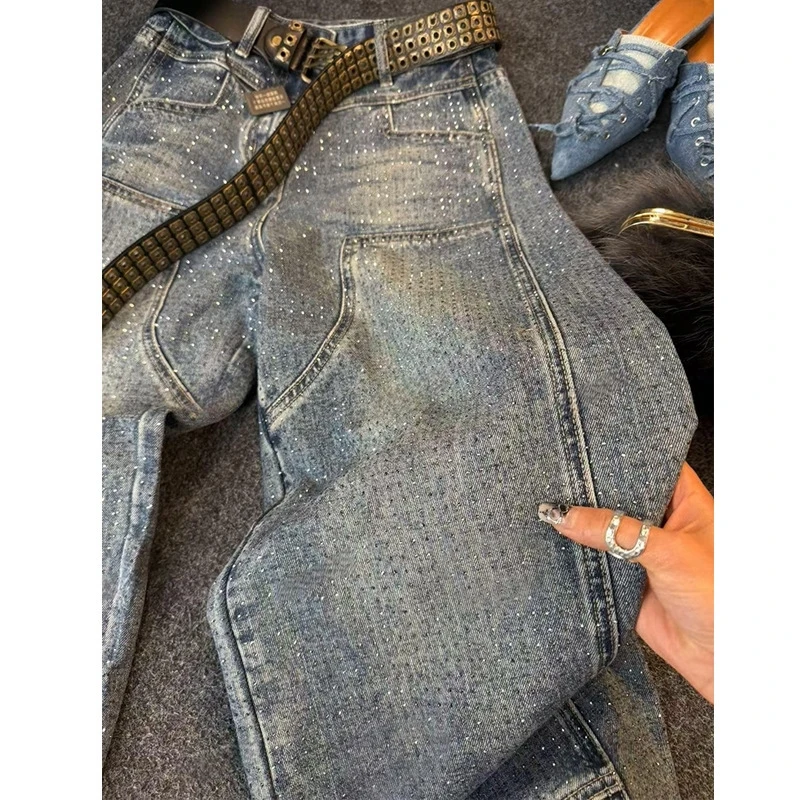 

Rhinestone High Waist Wide Leg Women Jeans Slimming Casual Trousers Spring Autumn Fashion Trend Designer Casual Wear
