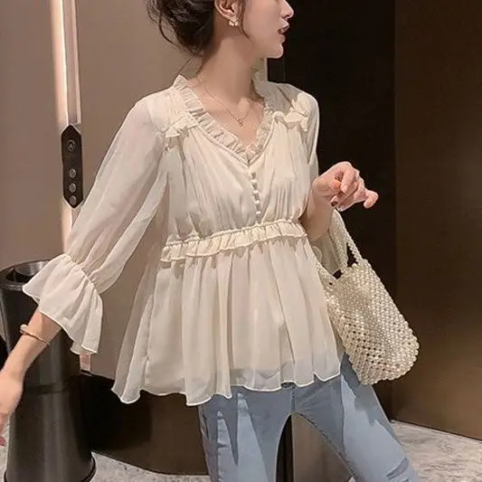 Creative Pregnant Women's Chiffon Top Versatile 2023 New Arrival Summer Fashion V-neck Solid Color Top Maternity Top 1PCS LF104