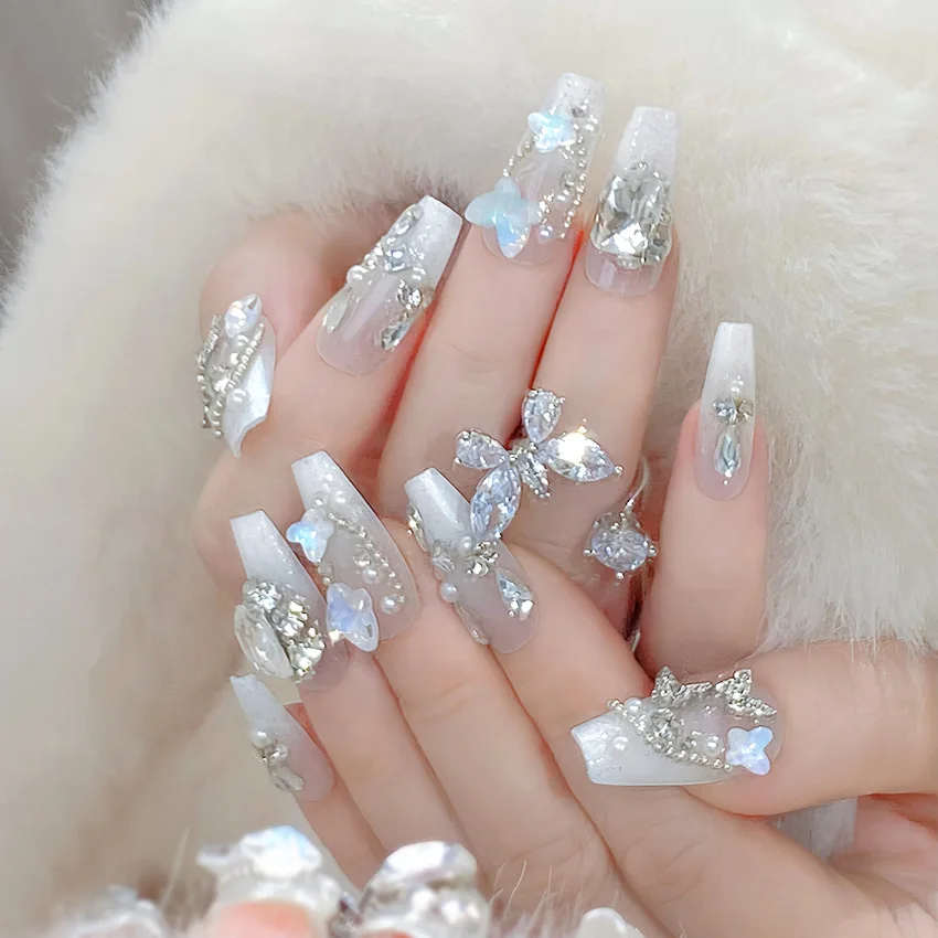 24pcs Elegant Butterfly Press On Nails Flash Powder White French Style False Nails Glossy Rhinestone Pearl Decor Luxury Manicure