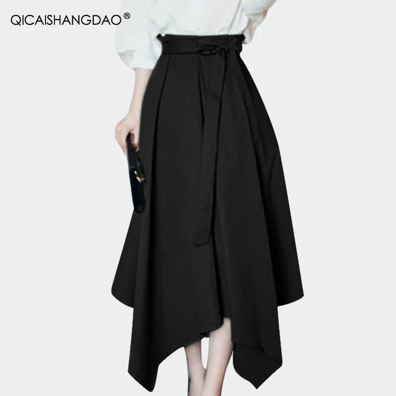 Fashion Irregular Length Women' Solid Color Cotton Skirt High Waist A-Line Belt Lace-Up Loose Plus Size Casual Long Skirts