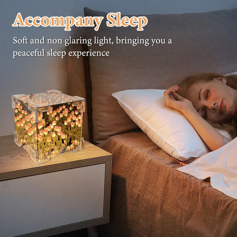 

1PC Tulip Nightlight Handmade DIY Material Cube Tulip Mirror Bedroom Decor Atmosphere Lamp Valentine's Day Birthday Gift