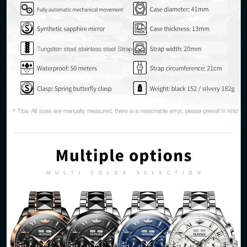 OUPINKE 3236 TOP Brand Automatic Watch for Men Tungsten Steel Band Waterproof Multifunctional High-end Mechanical Wristwatch Man