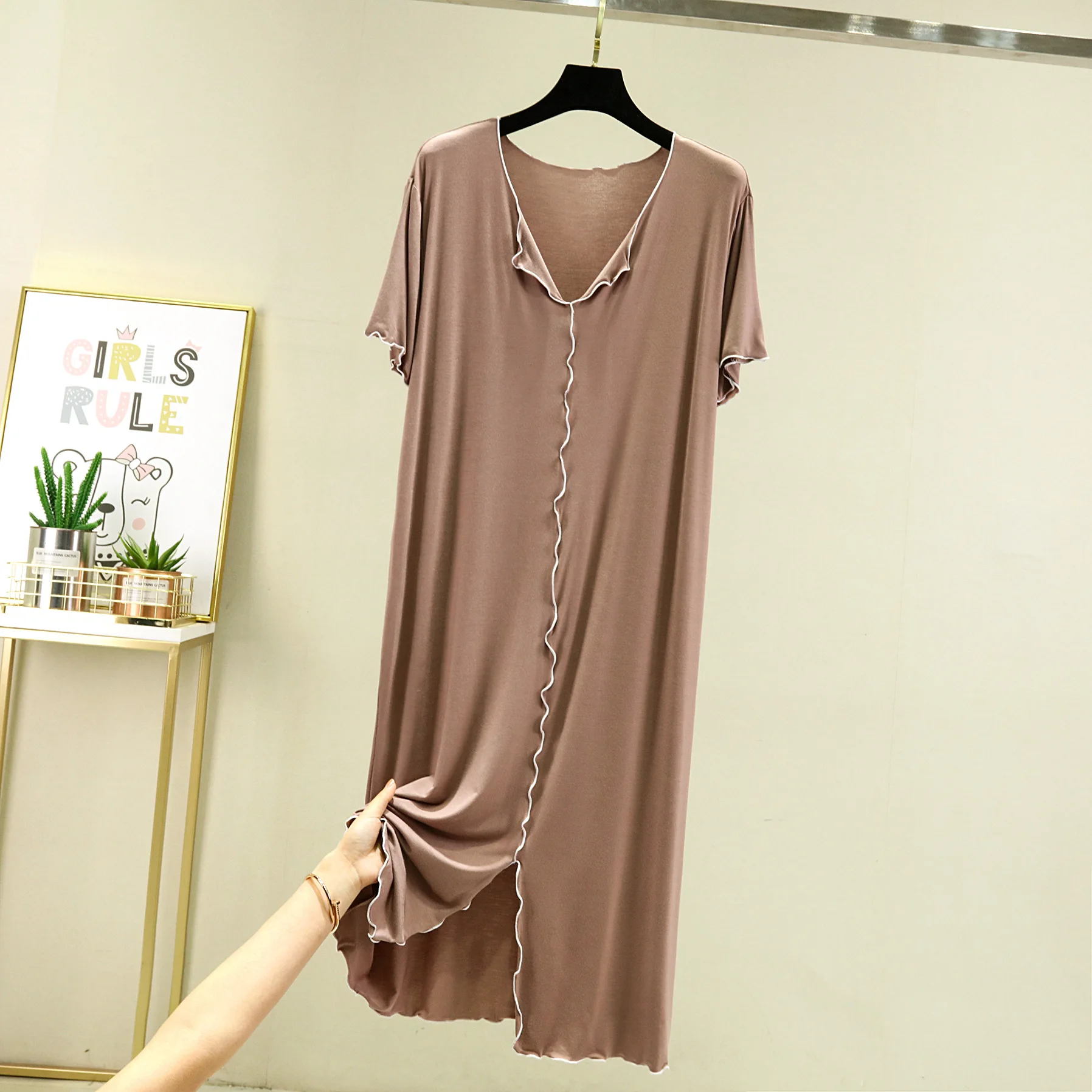 INS Style Large Size Modal Night Dress Women New V Neck Long Nightshirt Short Sleeve Nightgowns Female Sleepwear Dresses