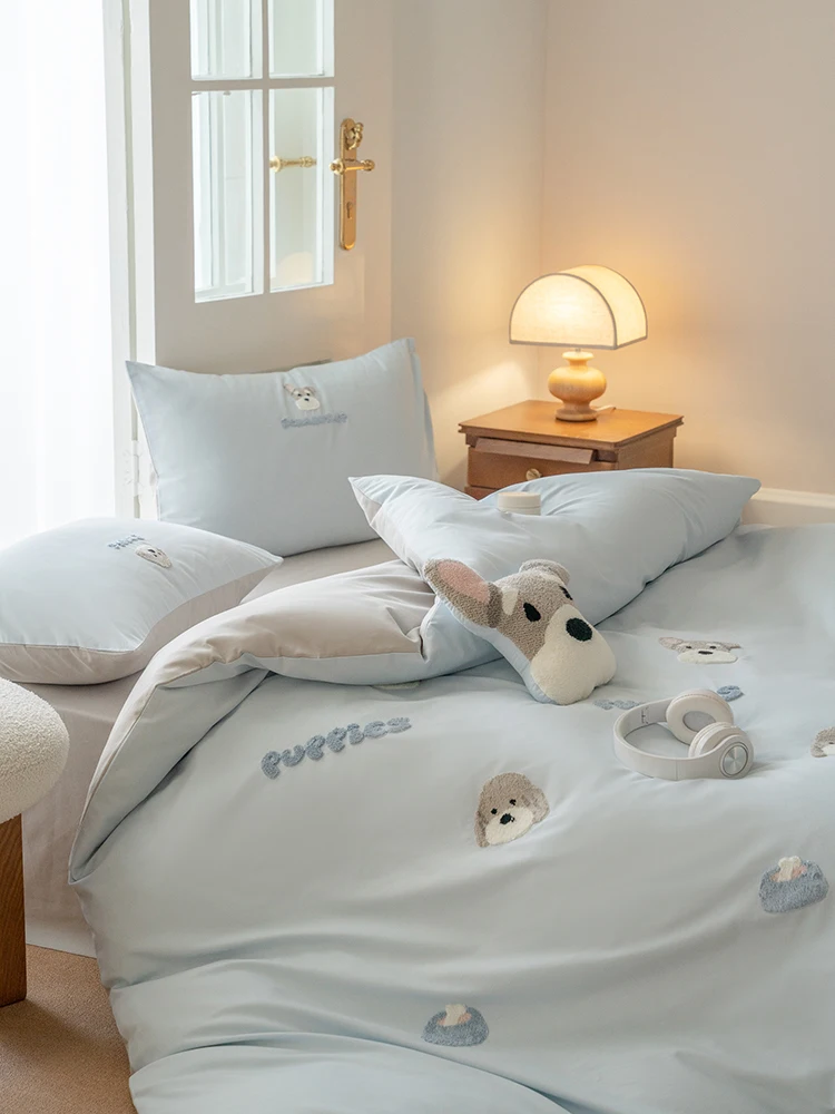 Thickened Cotton Flannel Bedding Set 18M Cartoon Embroidery Durable Bed Sheet Cover Quilt Cover Pillowcase Four-Piece Set