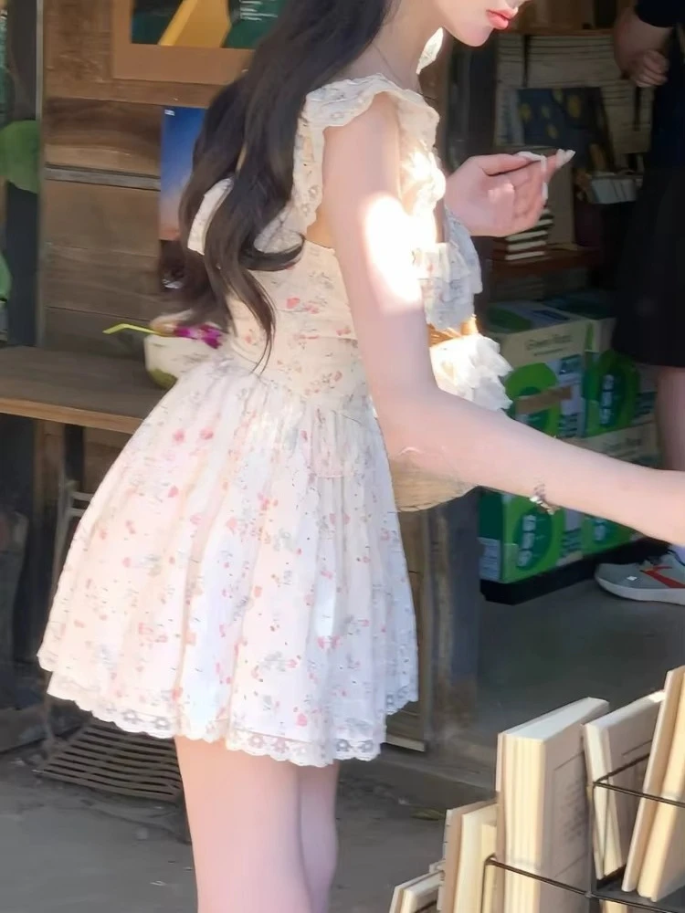 Francese Vintage Elegante Floreale Vestito Sottile Delle Donne di Estate Y2k Dolce Puro Desiderio Slash Neck Abiti Corti Harajuku Moda Nuovo 2025