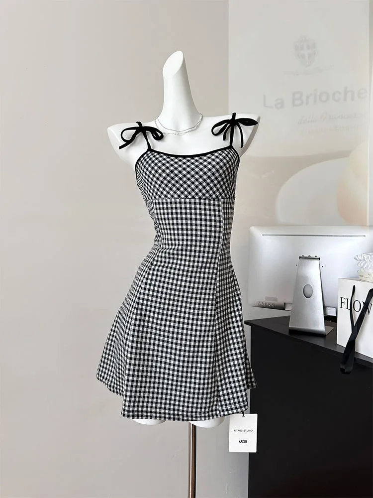 Japanese Fashion One-Piece Frocks Sleeveless Off Shoulder Women Basic Plaid A-Line Dress Office Lady Sundress Elegant New Design