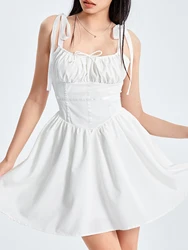 wsevypo Fairycore Summer White A-Line Mini Dress Women's Tie-up Suspender Ruched Strapless Corset Short Dress Party Streetwear