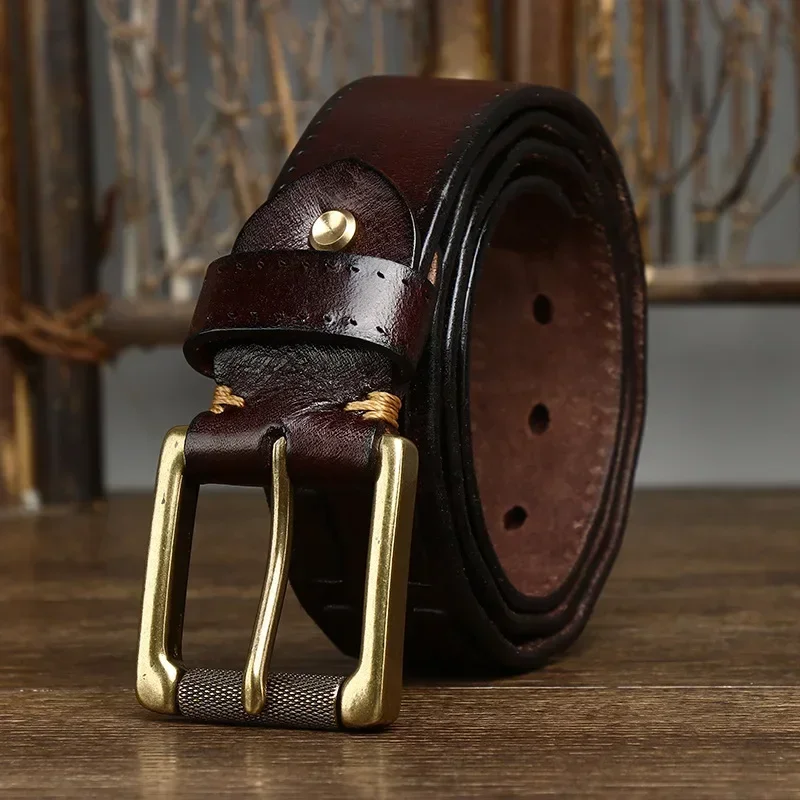 3.8CM Men High Quality Genuine Leather Belt Luxury Brass Pin Buckle Braid Belts Pure Cowskin Vintage Strap Male Jeans for Man