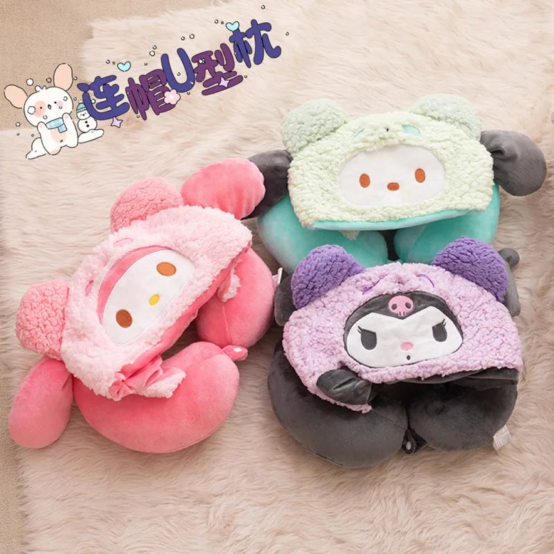 Sanrio Kuromi U-shaped Hooded Neck Pillow Pochacco My Melody Hello Kitty Travel Blackout Nap Pillow With Hat Office Girl