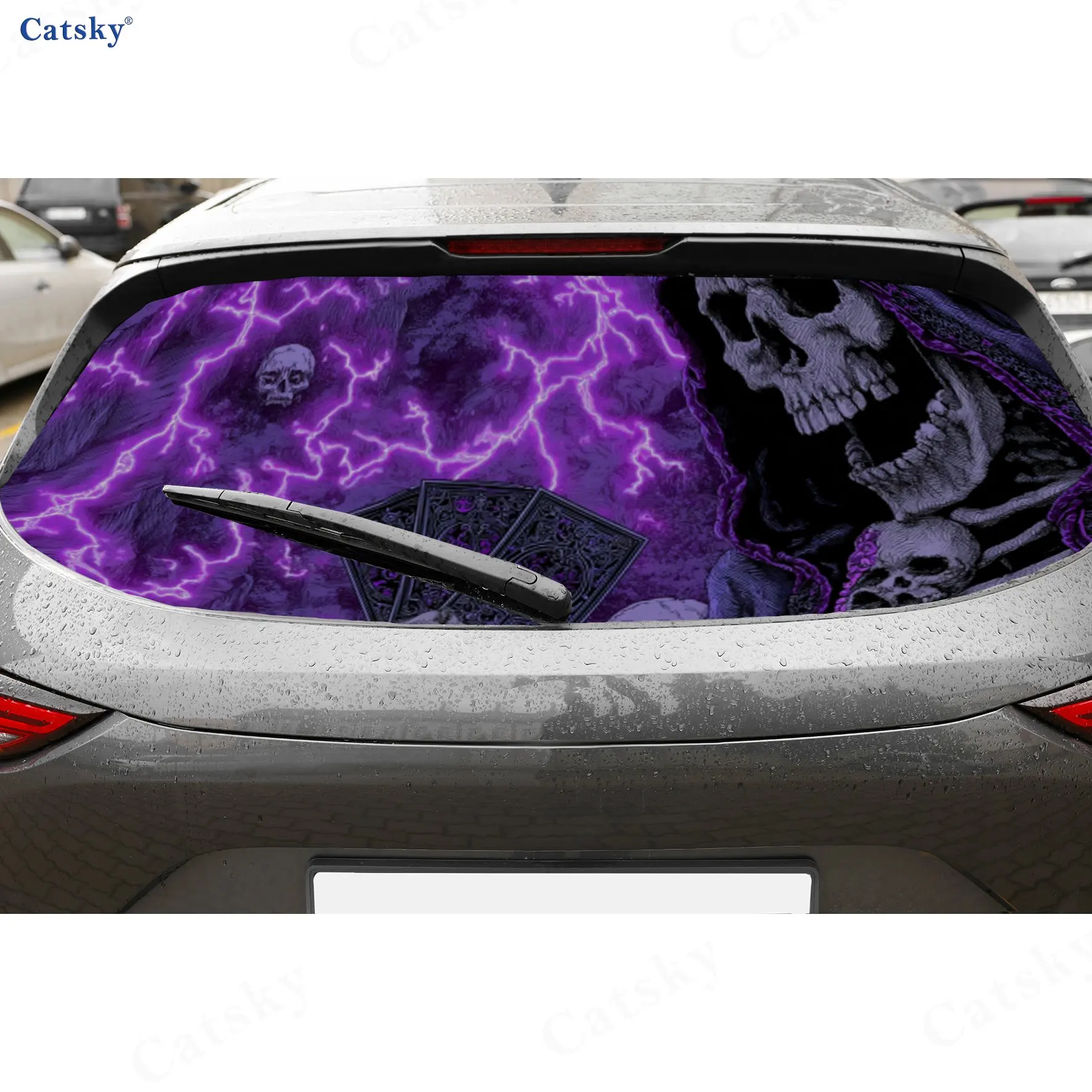 

Purple Lightning Skull Dark Mystery PVC Perforated Car Vinyl Wraps, Durable Car Rear Windshield Sticker, Waterproof Car Rear Win