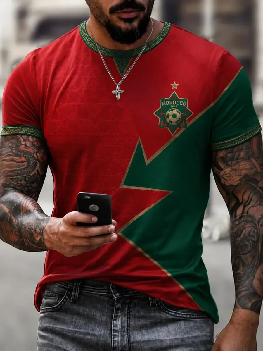 Herren 3D-Druck Marokko Fußball-Fan-T-Shirt, 2026 Fußball-inspiriertes Kurzarm-Trikot, Schnelltrocknendes Sport-Oberteil – Detail 5