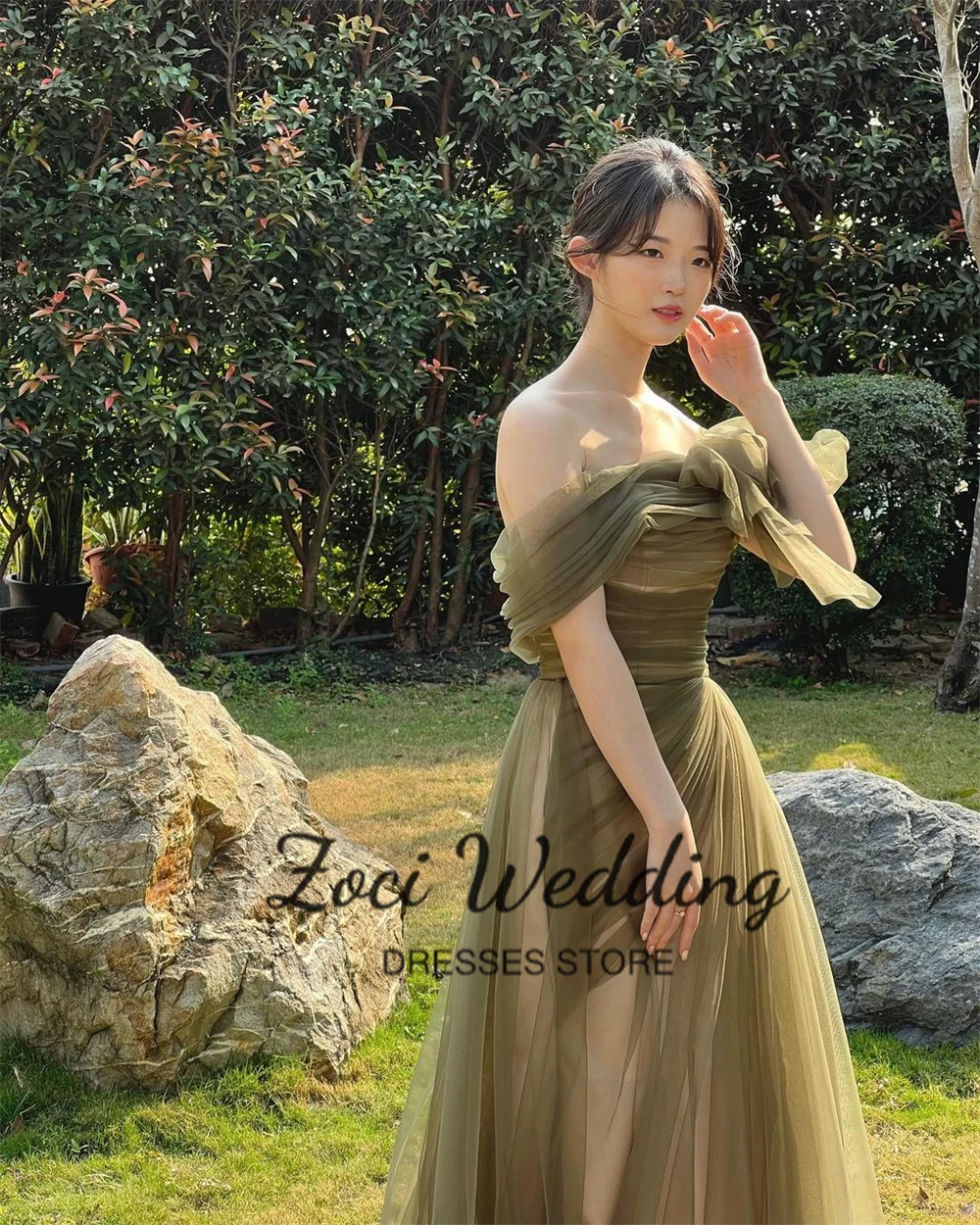 Zoci Elegant Off Shoulder Korea Wedding Dresses Mermaid Green Tulle Evening Party Dresses Photos Shoot Customized Bridal Gown