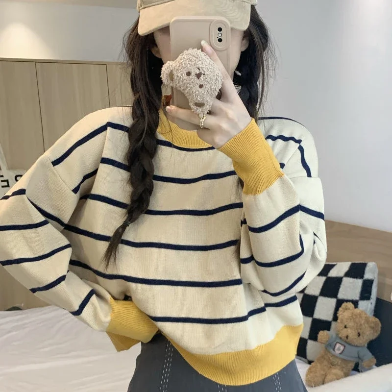 Knitted Top for Women Cute Red Striped Pullovers Ladies Sweaters Kawaii Harajuku Fashion Y2k Vintage Winter 2024 New Knitwear In