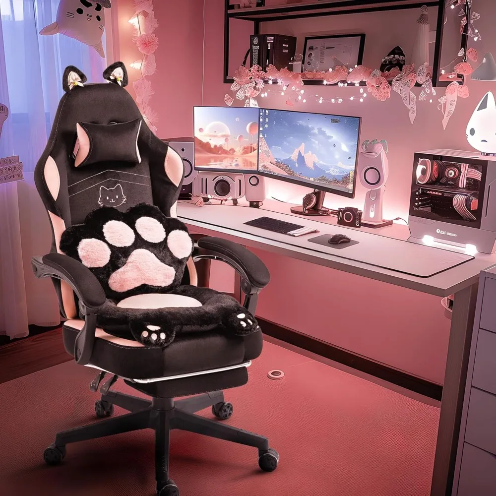 Pink Gaming Chair Cute with Cat Ears Paw Lumbar and Cushion, Computer Chair with Footrest, Reclining PC Game Chairs