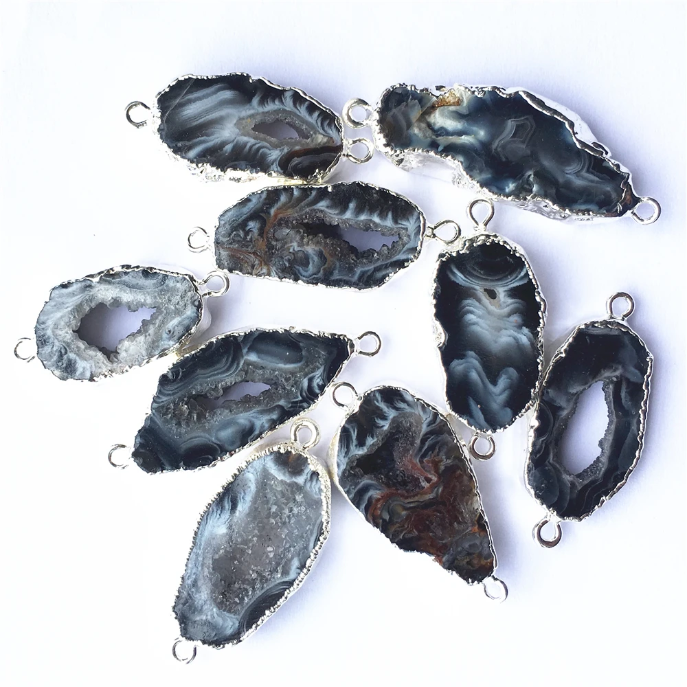 Natural Black Brazilian Agates Slice Pendants Connectors Irregular Raw Druzy Silvers Stones Pendants For DIY Jewelry Making 5PCS
