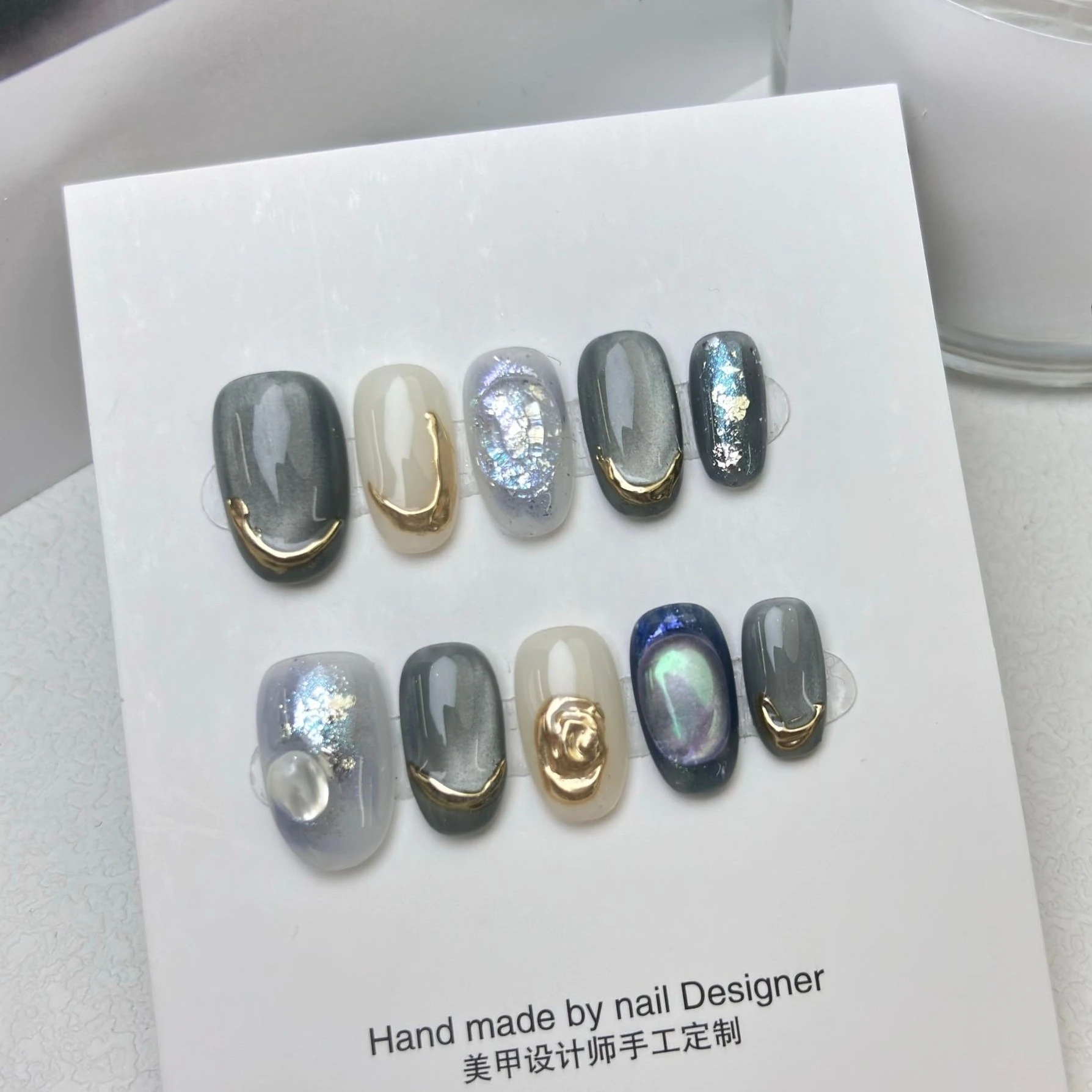 10個入り グラデーションアンバー付け爪 ヴィンテージ3Dフラワー プレスオンネイル オンブレキャッツアイネイルアート パールアーモンド ハンドメイドフェイクネイル