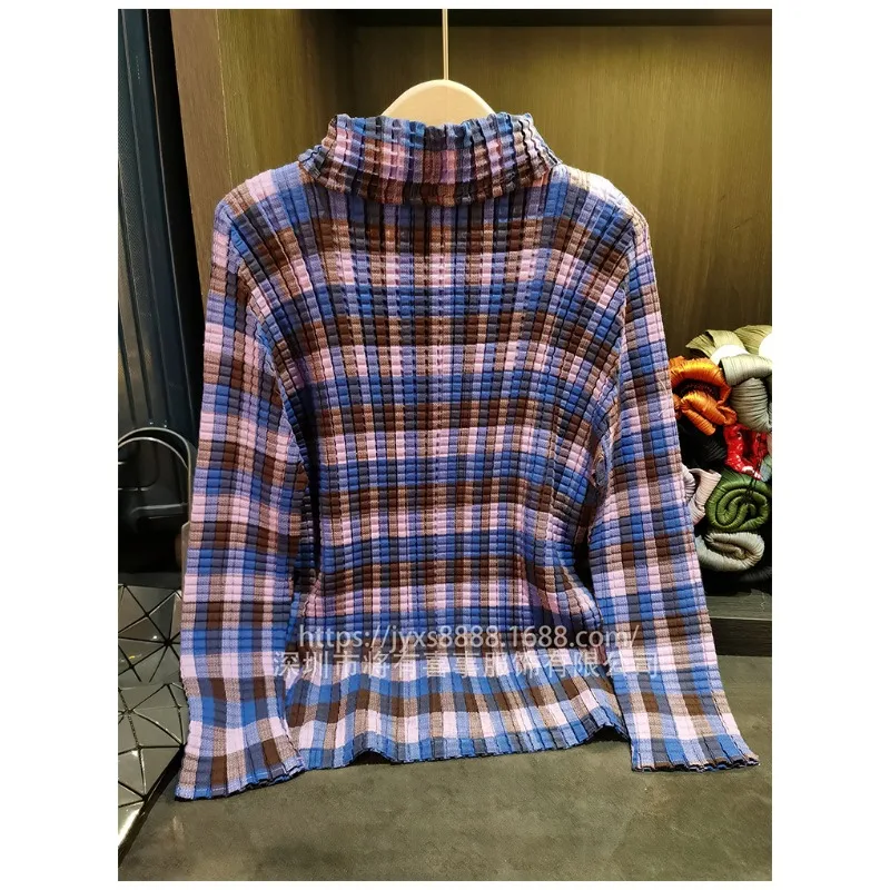 مياكي منقوشة مطوي قميص بلوزة الأدبية طويلة الأكمام واحدة الصدر ركاب تنوعا سترة بولو طوق بلوزة المرأة #4