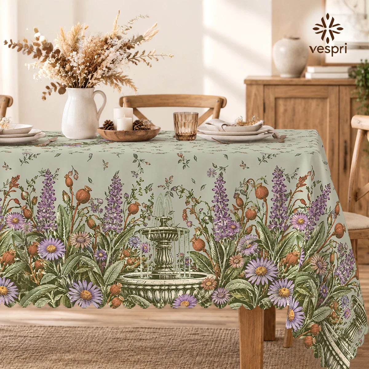 Cottage Tablecloth with Flower Vases & Fountains for Indoor/Outdoor Camping decor, Rectangular/Round/Oval