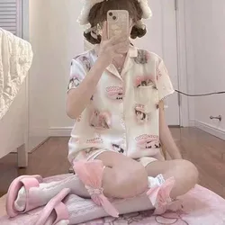 Pijama corto y largo de satén con estampado de gato para mujer, conjunto de ropa de casa de seda, fino, Kawaii, juvenil, Verano