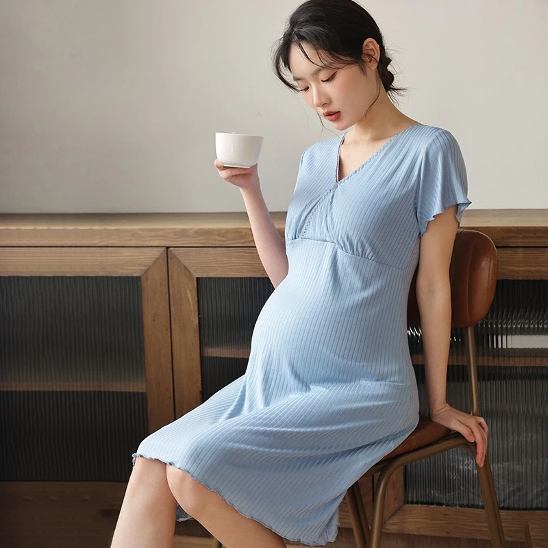 

Ночная рубашка для беременных и кормящих мам с подушечками для бюстгальтера, летняя легкая послеродовая одежда больших размеров, домашнее платье средней длины