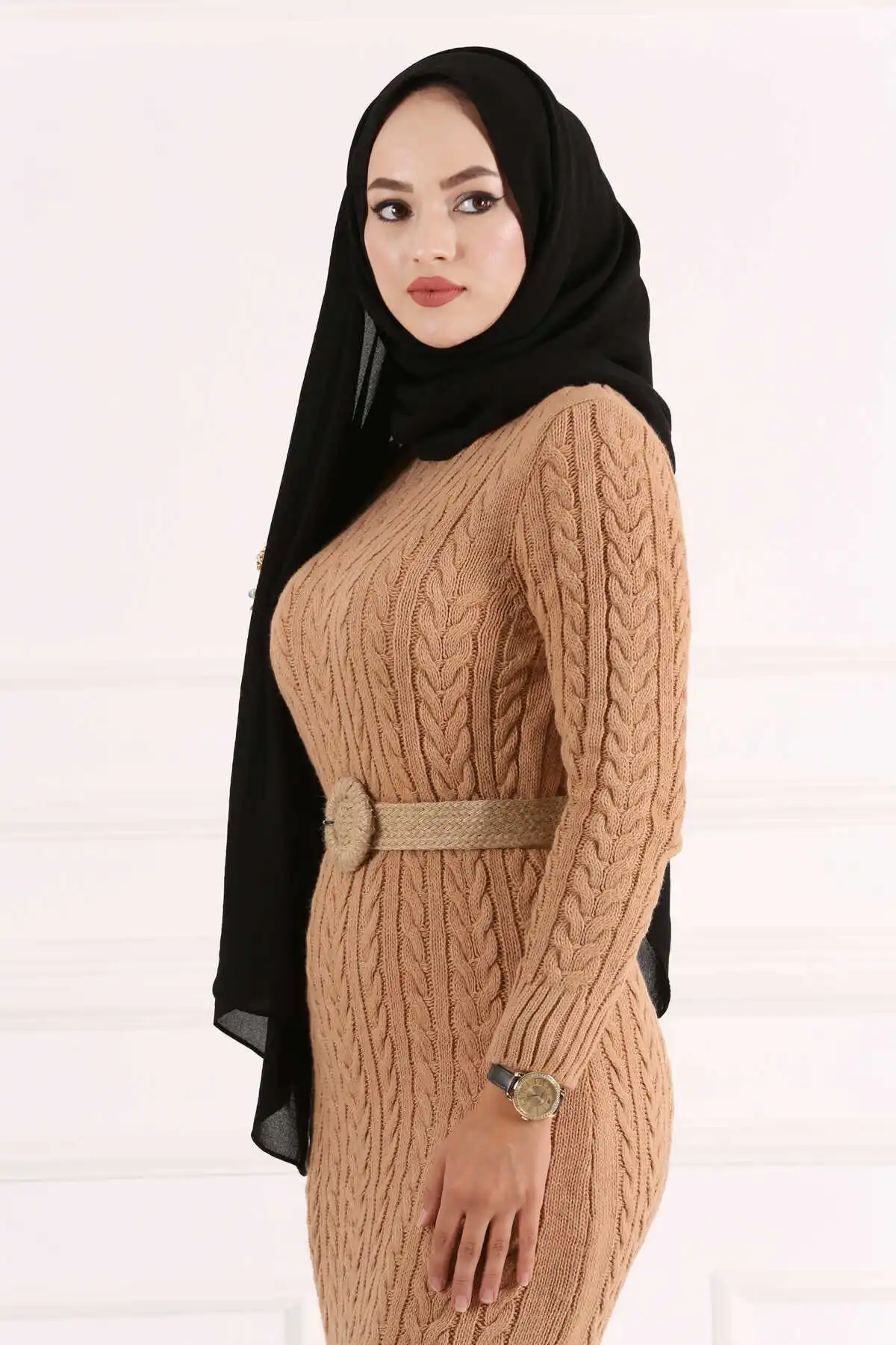 Mesh Knitwear Dress Camel Winter Autumn 2021 Muslim Women Hijab headscarf Islamic Turkey